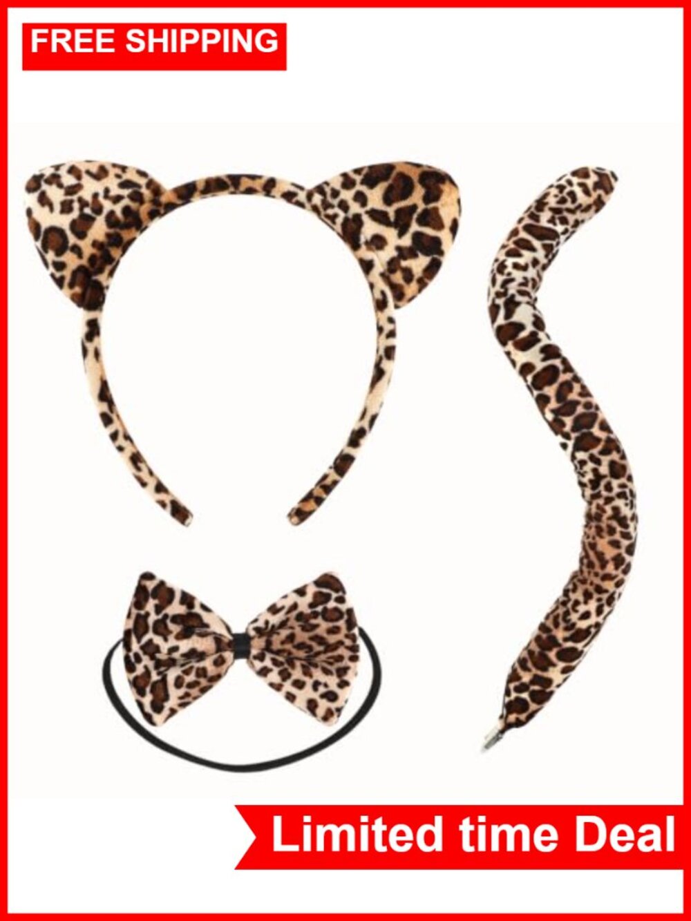 Black Cat Costume Set Leopard Print Ear Headband Tail Necklace